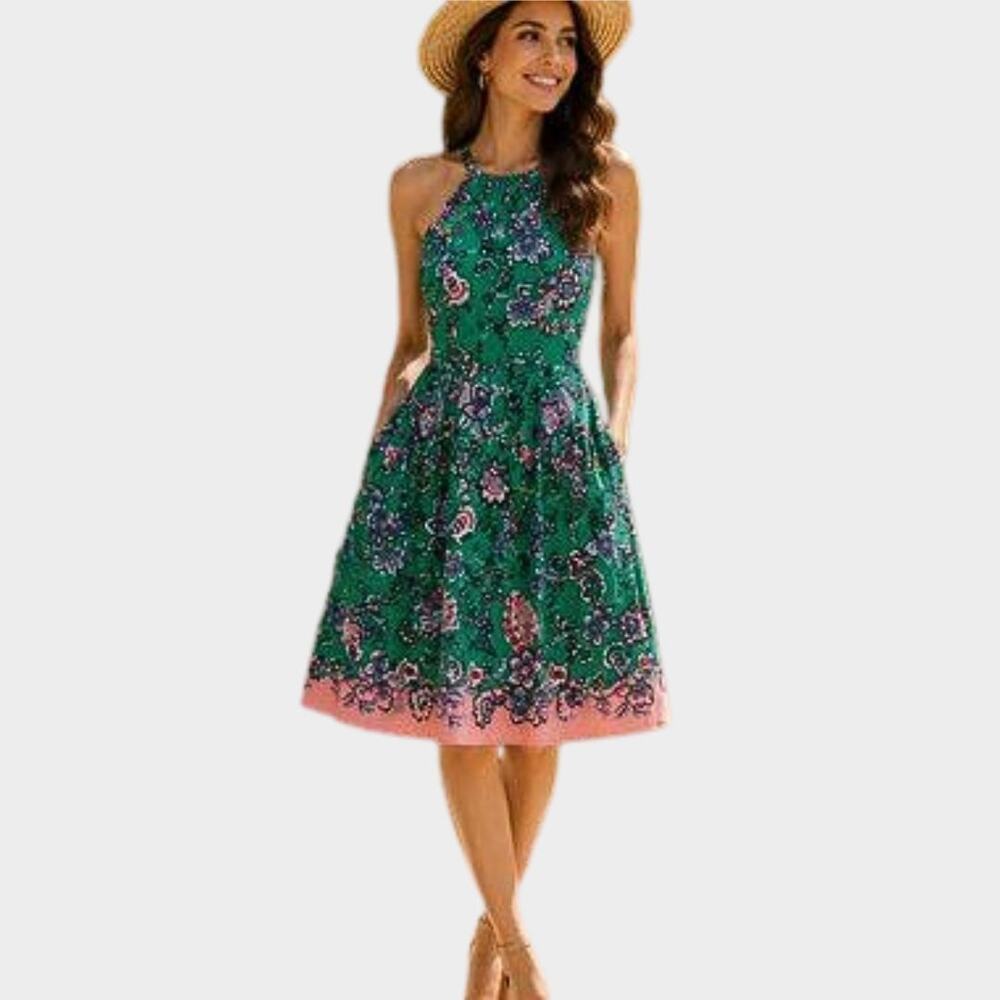Vince Camuto Green Floral Halter Midi Dress Pink Hem Pockets Flare Size 14